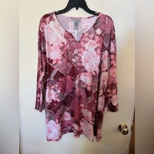 Catherine’s 1X 3/4th sleeve pink and white top with embellish neckline